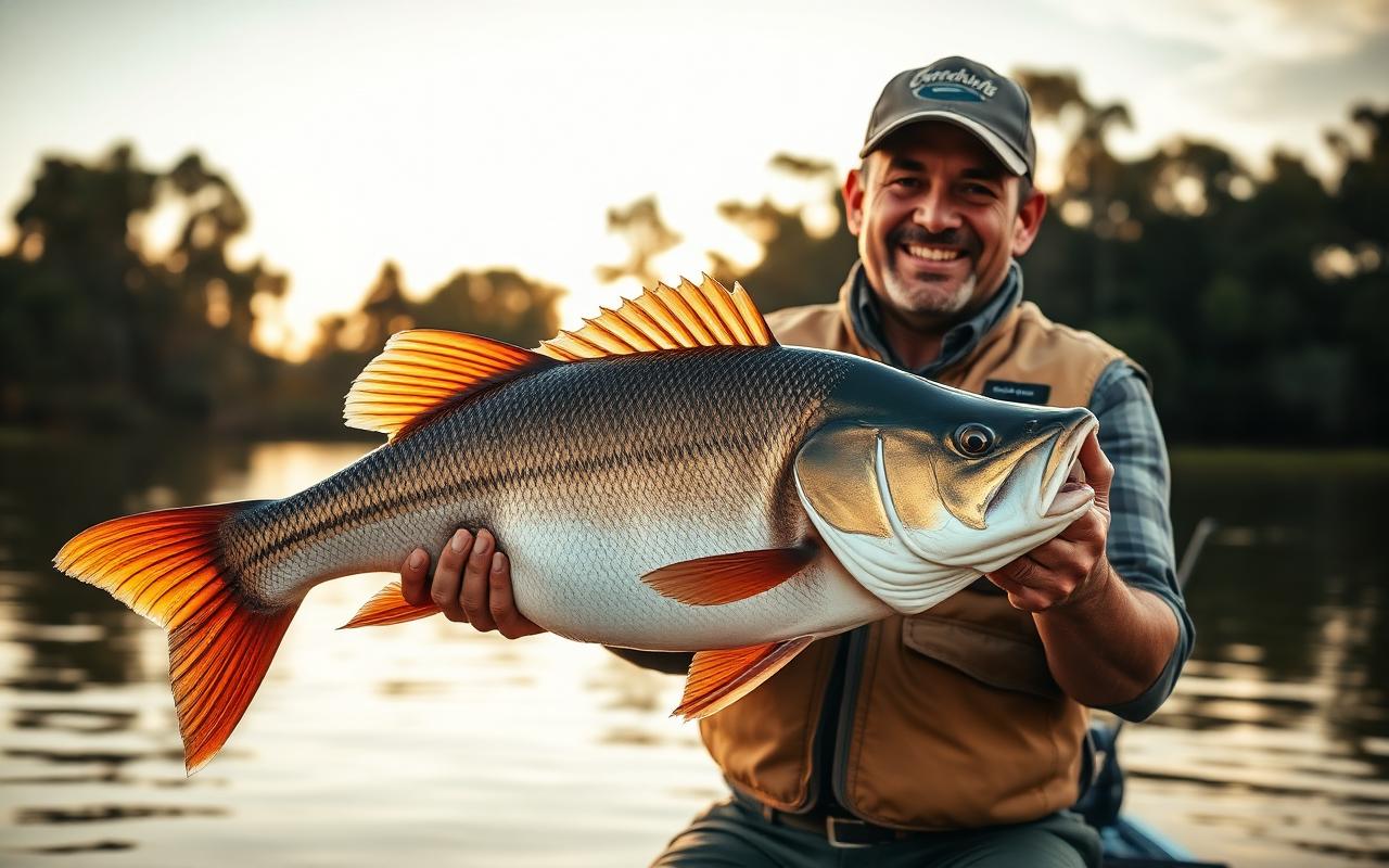 Pescador segurando tambaqui ao entardecer